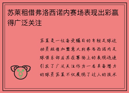苏莱租借弗洛西诺内赛场表现出彩赢得广泛关注
